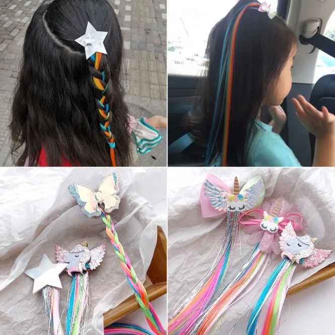 

10ps 2021 New Cartoon Unicorn Hair Clip Cute Girl Color Star Wig Hairpins Bow Headdress Barrettes Kids Ponytail Hair Accessories