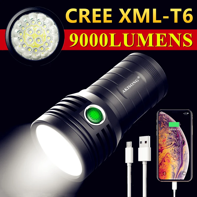 

Тактический фонарь CREE XML-T6, светодиодный фонарик высокой мощности со встроенным 18650 и зарядкой через USB
