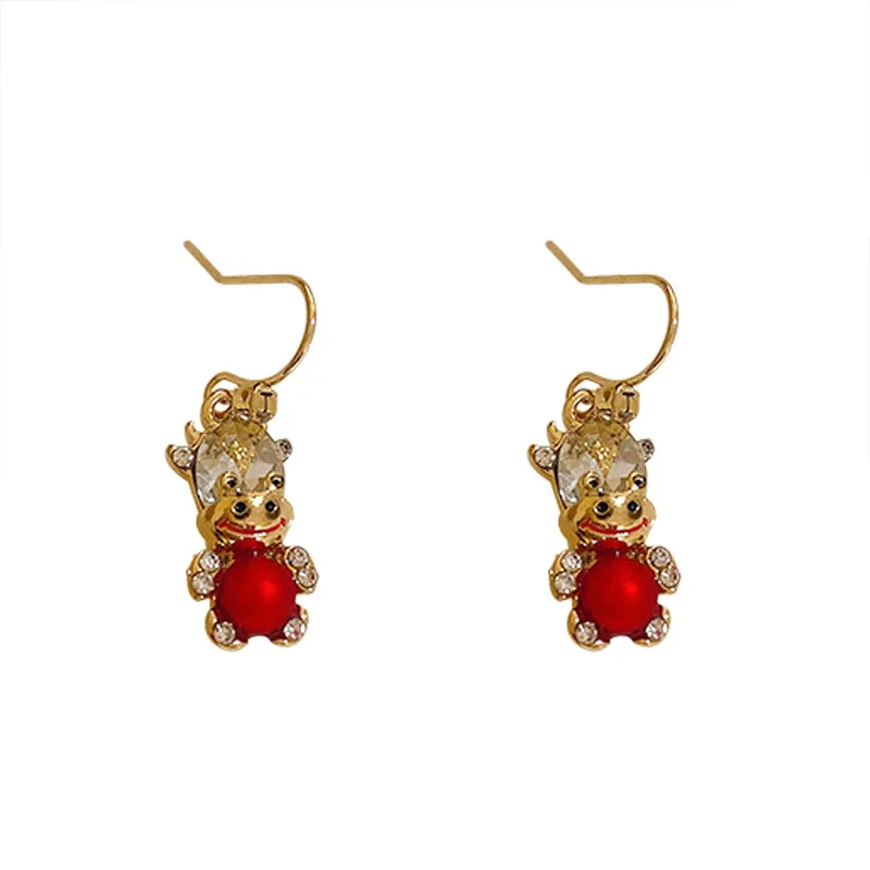 

Origin Summer Cute Rhinestone Red Simulation Pearl Bull Dangle Earrings for Women Creative Party Hook Accessories Gift