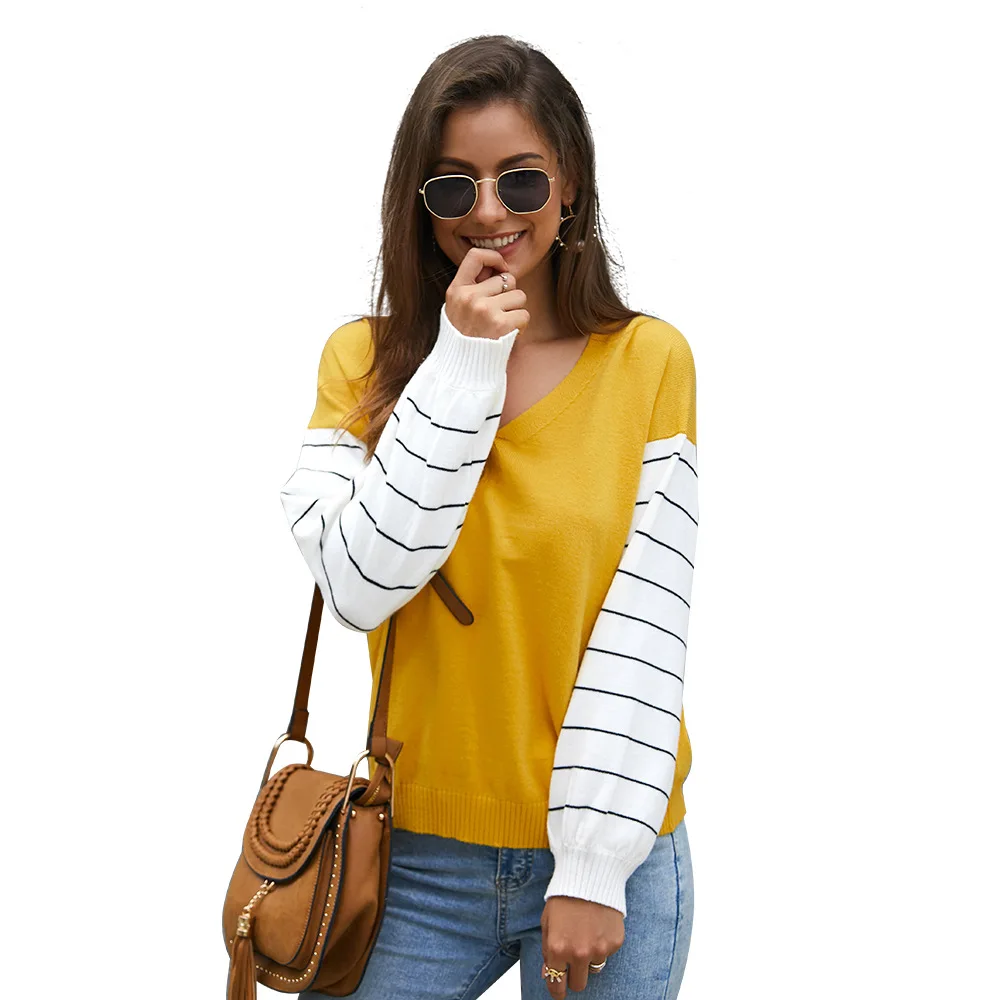 

2020 Winter Female Sweater Striped Patchwork Pullovers V Neck Loose Streetwear Knitwear Women V Neck Knitted Cotton Lady Jumper