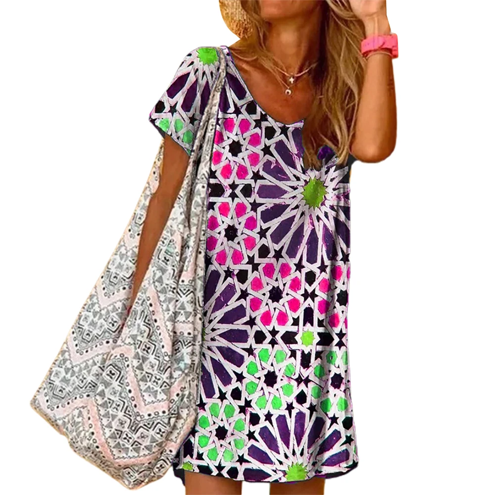 

Women Dress 2021 Printed V Neck Mini Dress Casual Loose Beach Short Sleeve womens clothes Summer Dresses