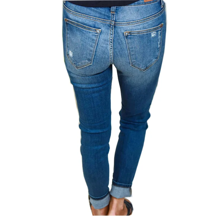 

2021 Hot Sale INS Women Holes Jeans Fashion Contrast Colors Patchwork Ripped Skinny Pencil Jeans Casual Lady Pants Stretchy