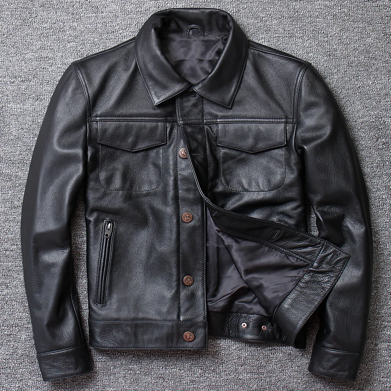 

Cow Leather Genuine Jackets Jacket Men Real Cowhide Leather Coats Single Breasted Short Coat Chaqueta Cuero Hombre