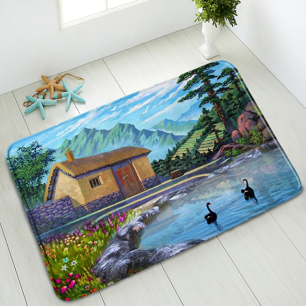 

Natural Scenery Oil Painting Floor Mats Bathroom Non-Slip Pads Living Room Kitchen Bedroom Door Mat Flannel Washable Home Decor