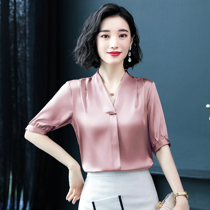 Korean Fashion Silk Women Blouses Satin Office Lady Shirt and Blouse Summer Short Sleeve Women Tops Plus Size XXXL