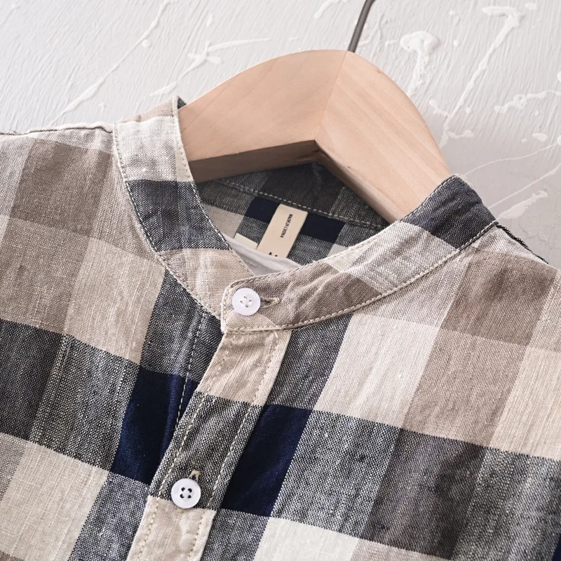 Мужская длинная рубашка из чистого льна 2020 клетчатая с воротником стойкой летняя