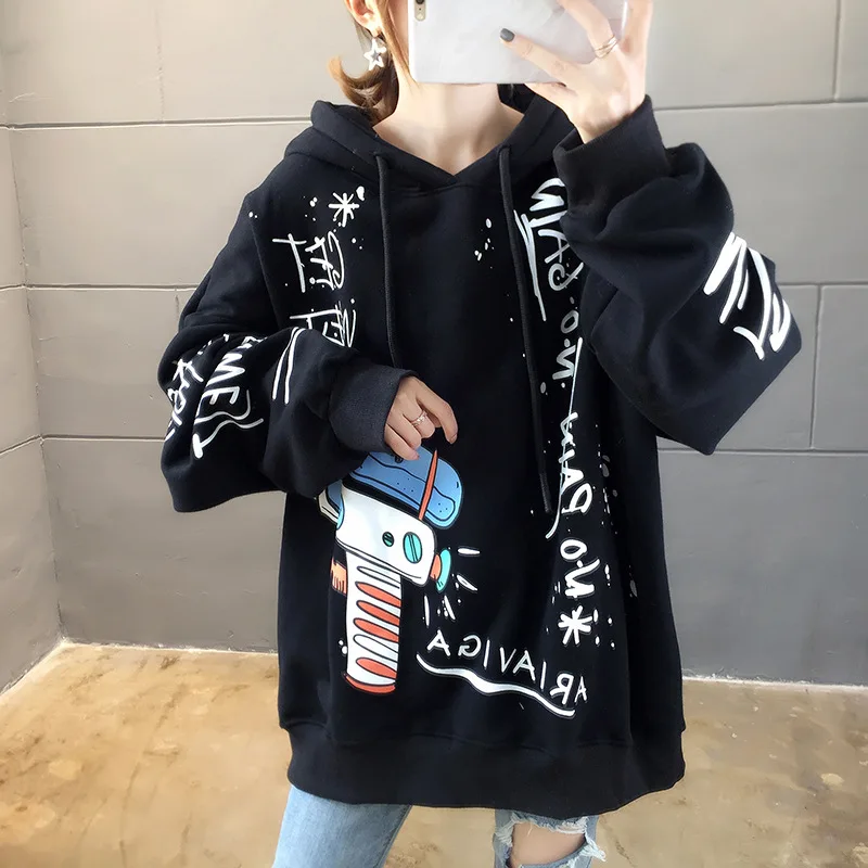 

2020 Autumn Winter Korean Hooded Sweatshirts Casual Cartoon Printing Mid Length Hoodies Loose Fleece Oversized Sweatshirt