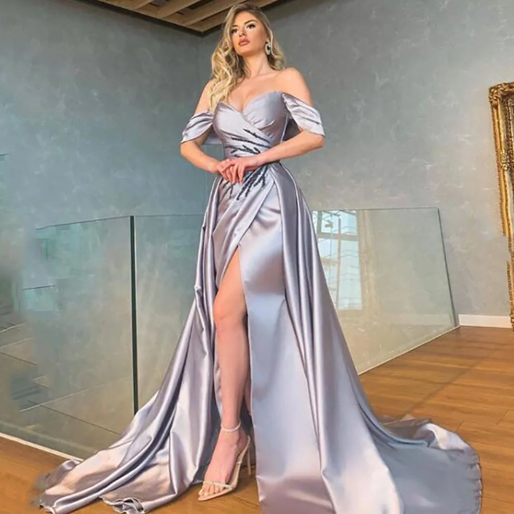 

Серебряные арабские вечерние платья-русалки, длинные сексуальные платья с высоким Боковым Разрезом Дубая для выпускного вечера, элегантное платье с открытыми плечами, 2021