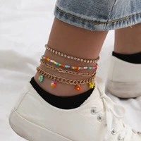 fashion simple multilayer chain ankle anklet colorful small flower pendant bohemia foot jewelry for women summer beach anklets