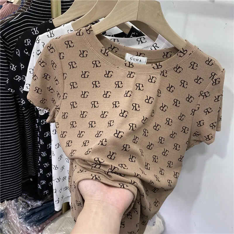 

2021 Summer Korean Version New Wild Thin Ladies Casual Retro Printing Short sleeve Short Slim Bottoming Tops S-XXL