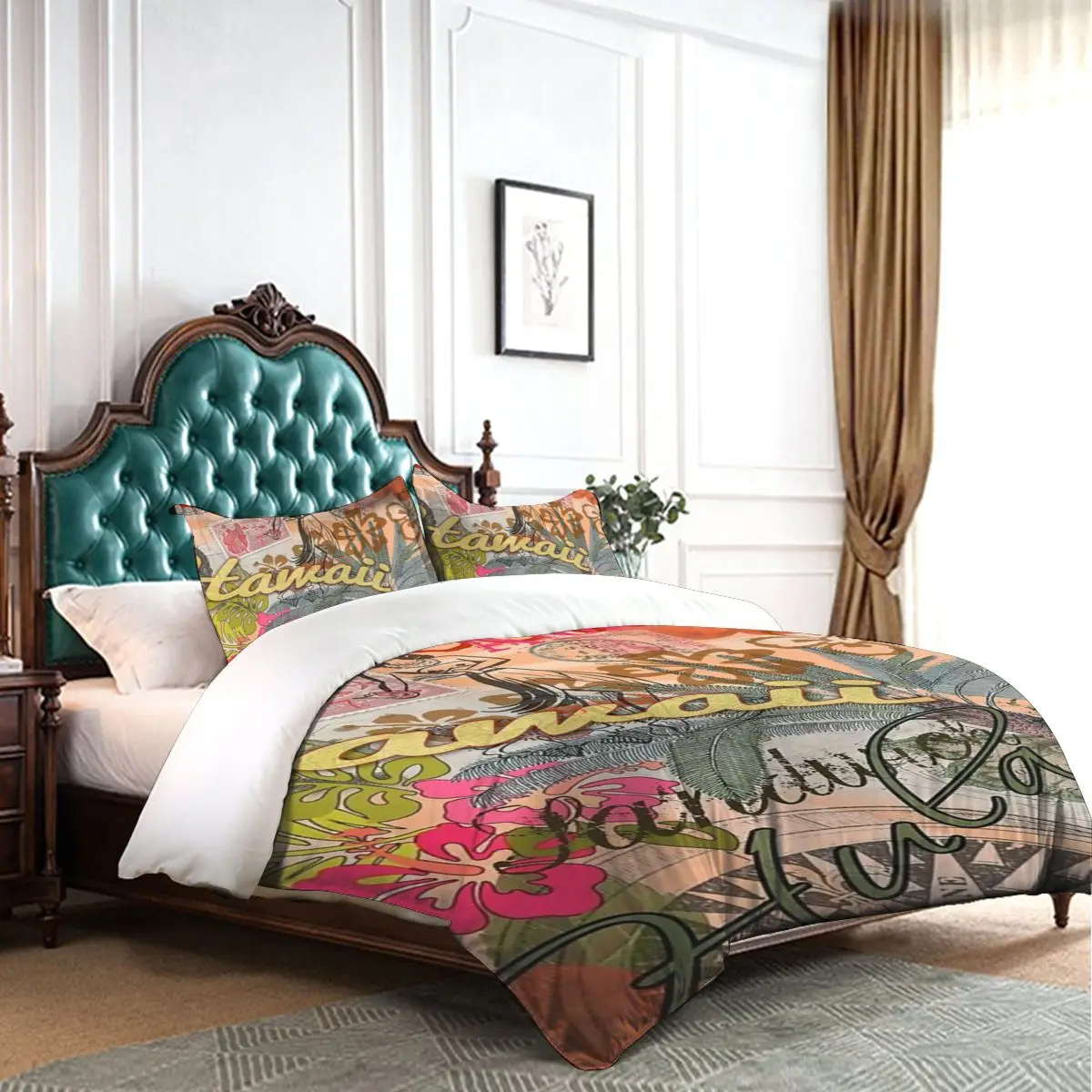 Vintage Hawaii Travel Colorful Hawaiian Tropical Collage Comforter Set with 2 Pillowcase Duvet Cover Bedding Sets Bed | Дом и сад