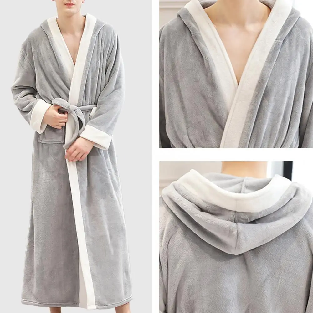 Flannel Pocket Sleepwear Men Autumn Winter Long Sleeve Maxi Bathrobe Pockets Hooded Sleepwear