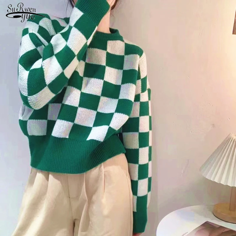 

Fashion Sweet Pullover Sweater Korean Vintage Women's Sweater Women 2021 Autumn and Winter New Chessboard Check Sweater 17816