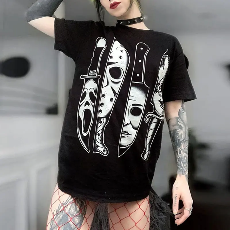 

Goth Skull Print Black T Shirt Harajuku Crewneck Short Sleeve Women Tee Tops Cyber Punk Emo Alt Streetwear Summer Woman Tshirts
