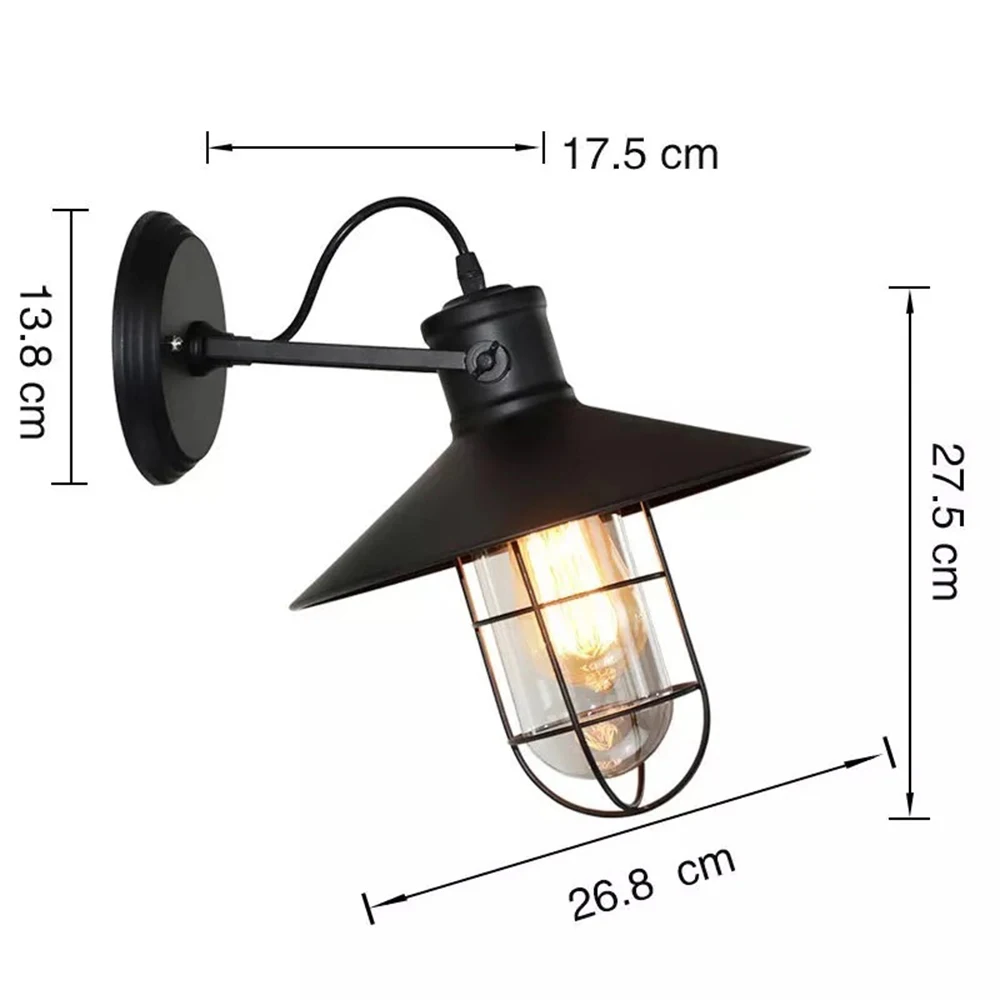 Винтажный промышленный настенный светильник со стеклянным абажуром черный
