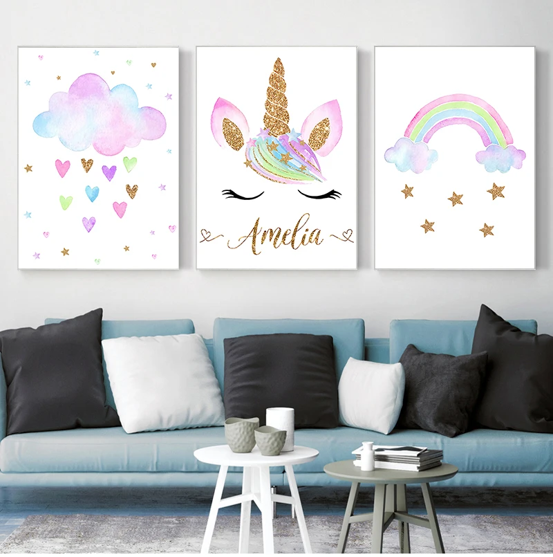 

Cloud Rainbow Print Unicorn Canvas Wall Art Custom Name Poster Children Nursery Art Painting Nordic Picture Baby Room Decoration