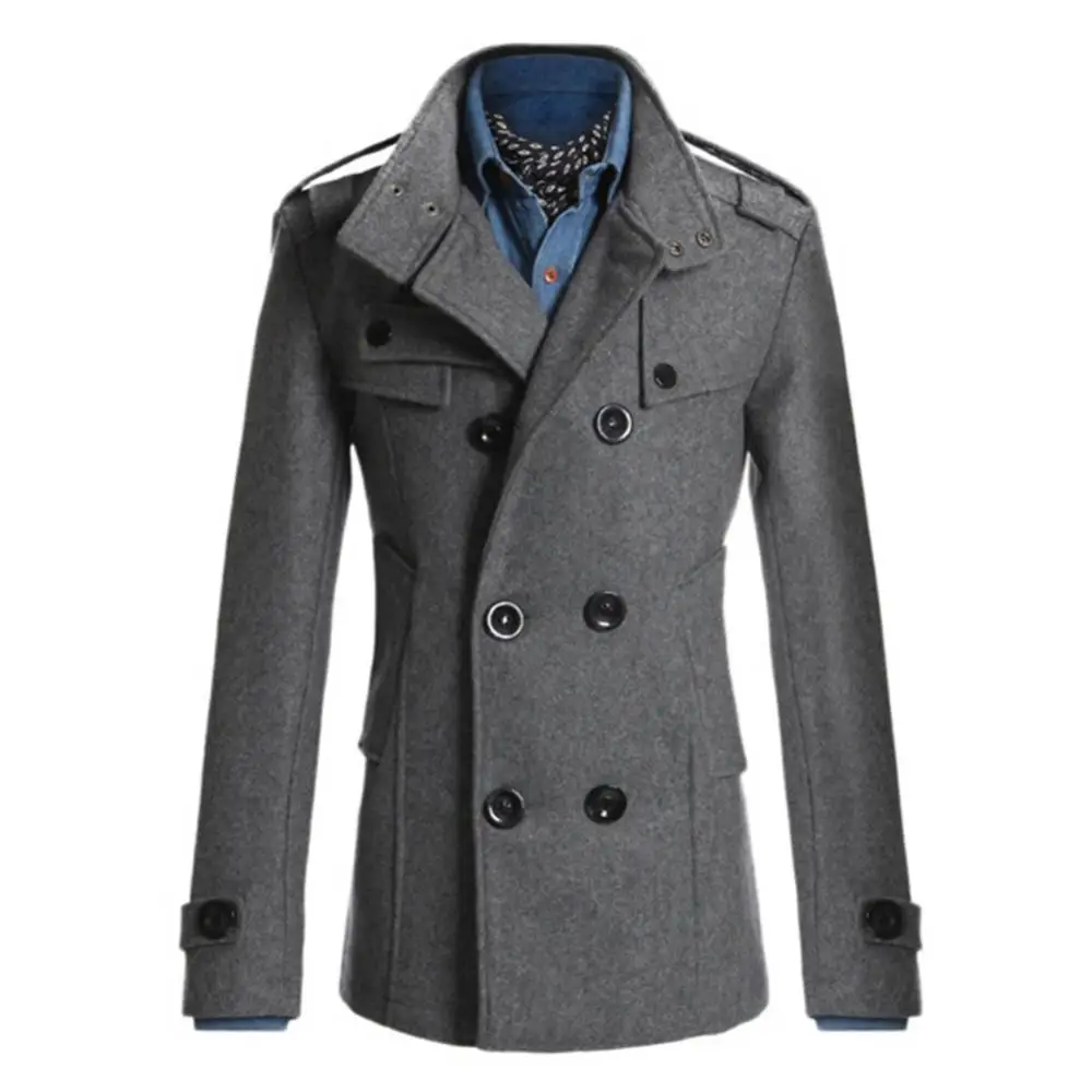 Ele-choices M-3XL Men Autumn&Winter Long Sleeve Lapel Collar Double-breasted Pockets Woolen Slim Trench Coat for Daily Work