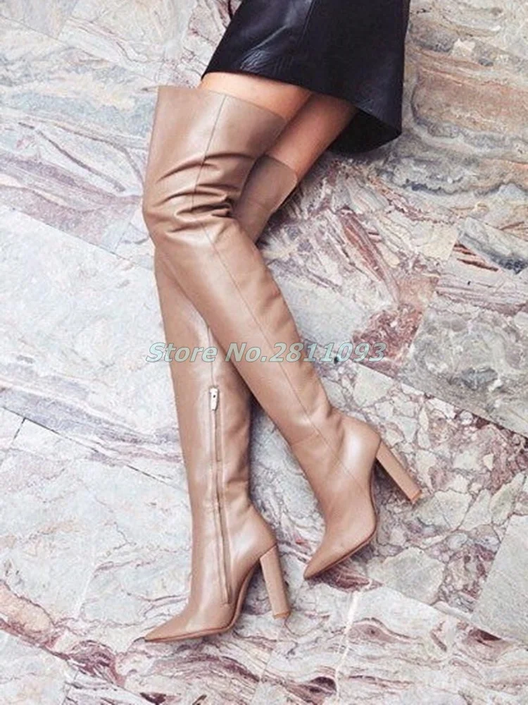 

Matte Leather Nude Color Thigh High Boots Block High Heel Zipper Women Runway Boots Sexy Pointed Toe Over The Knee Winter Shoes