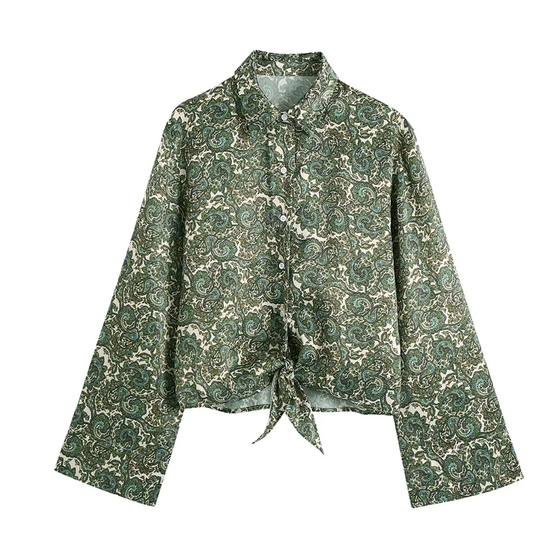 

ZXQJ Women 2021 Fashion With Bow Tied Totem Print Cozy Blouses Vintage Long Sleeve Button-up Female Shirts Blusas Chic Tops