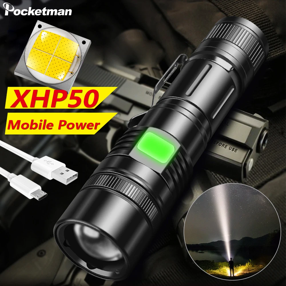 Светодиодный фонарик XHP50 на 18650/26650 лм тактический фонарь с USB зарядкой и 5 режимами