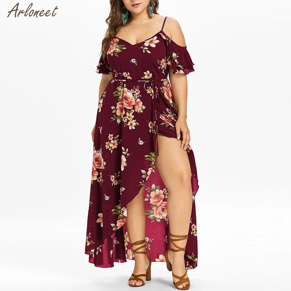

Plus Size Women Casual Short Sleeve Cold Shoulder Boho Flower Print Long Dress Women Casual Dress New Fashion Spring Summer 2020