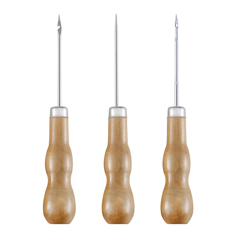 

3Pcs Leather Craft Awl Tool Wooden Handle Sewing Awl Diy Handmade Leather Sewing Tools Shoes Repair Double Gourd Punching Tool