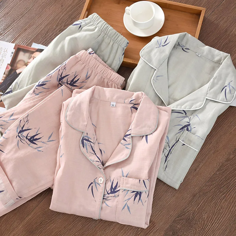 

Japanese Men and Women Pajamas Pure Cotton Gauze Spring and Summer Lovers Long Sleeve Pajamas Set Willow Leaf Leisure Home