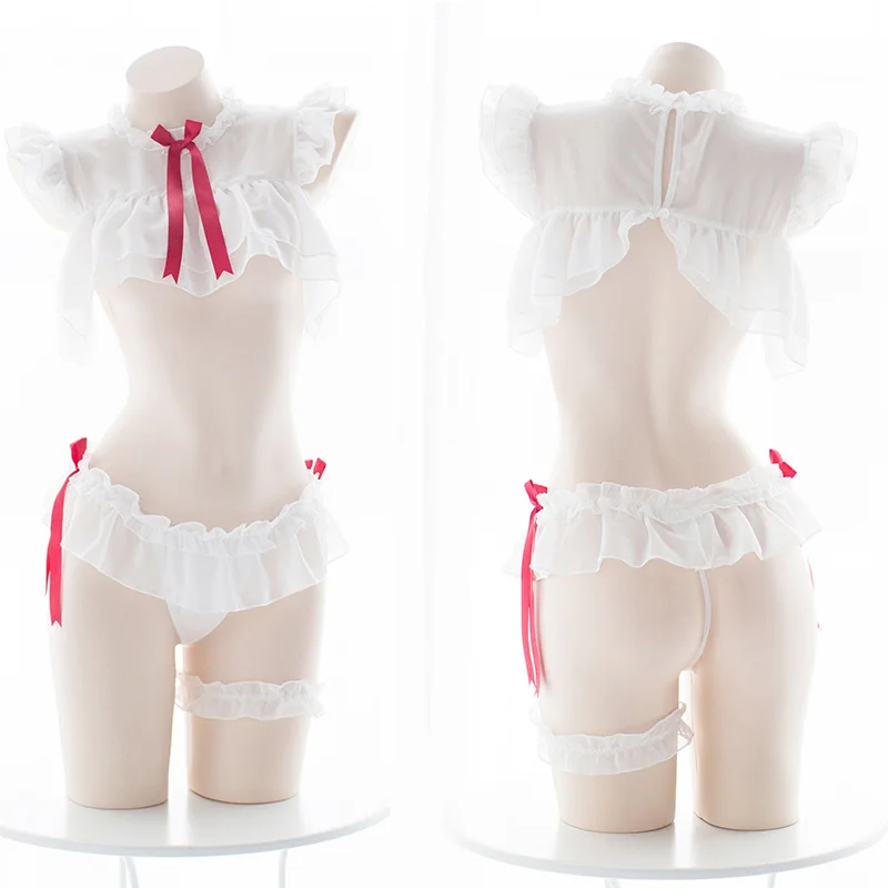 

Chiffon Lovely Pure White Underwear Tops Shorts Bracelet + Leg Ring Kawaii Lingerie Set Japanese Sweet School Girl Lingerie