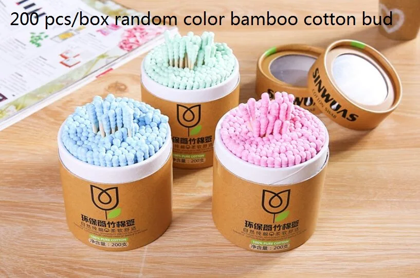 200 pcs Random color Эко биоразлагаемые бамбуковые ватные палочки компостабильные деревянные ушные палочки деревянные палочки для макияжа ватные палочки - Цвет: 200 pcs Random color