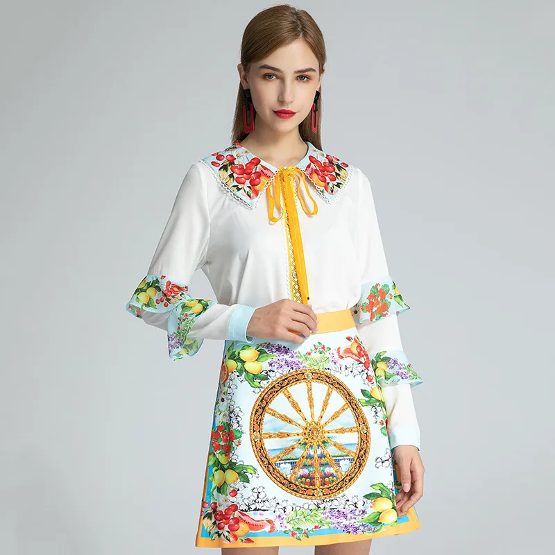 

2020 AUTUMN TIE-NECK PRINT LONG SLEEVE TOP & SKIRT SET