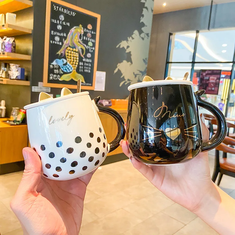 

Cute Cartoon Gold Dots Ceramic Cup Cat Big Belly Mug Water Cup Student Couple Boys Girls Home Milk Coffee Cup Gift Office Home