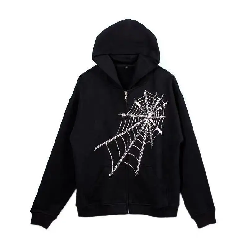 

Sweatshirt Trendy Loose Rhinestone Rhinestone Spider Web Couple Zipper Rhinestone Coat Hooded Sweater Cardigan Winter Tops