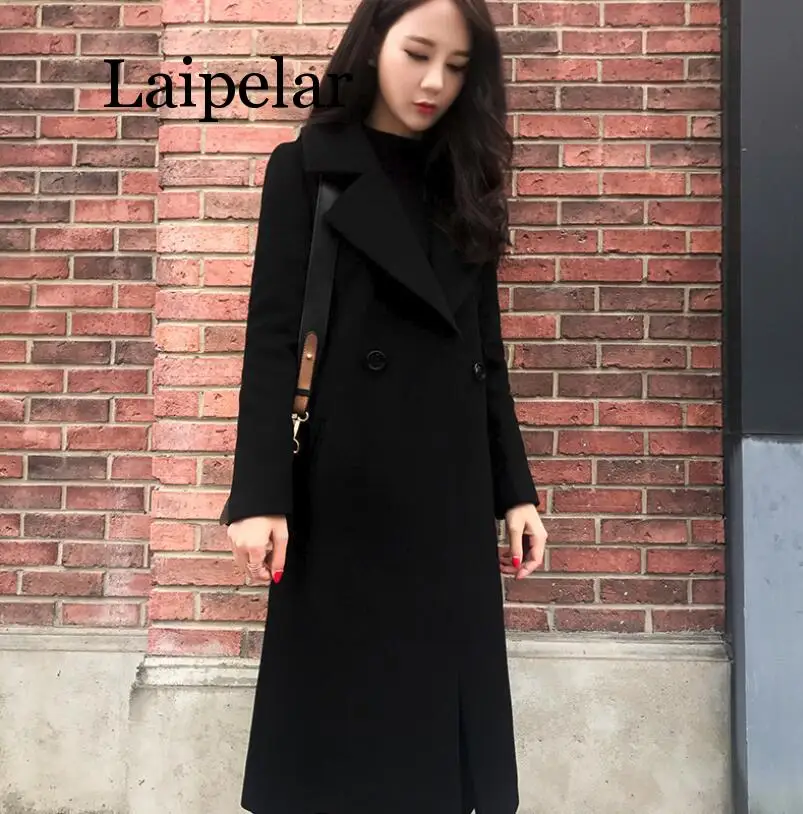 

Women's Woolen Coats Autumn Winter Large Size Long Lapels Slim Coat Female New Overcoat Korean Warm Black Wild Woolen Jacket Top