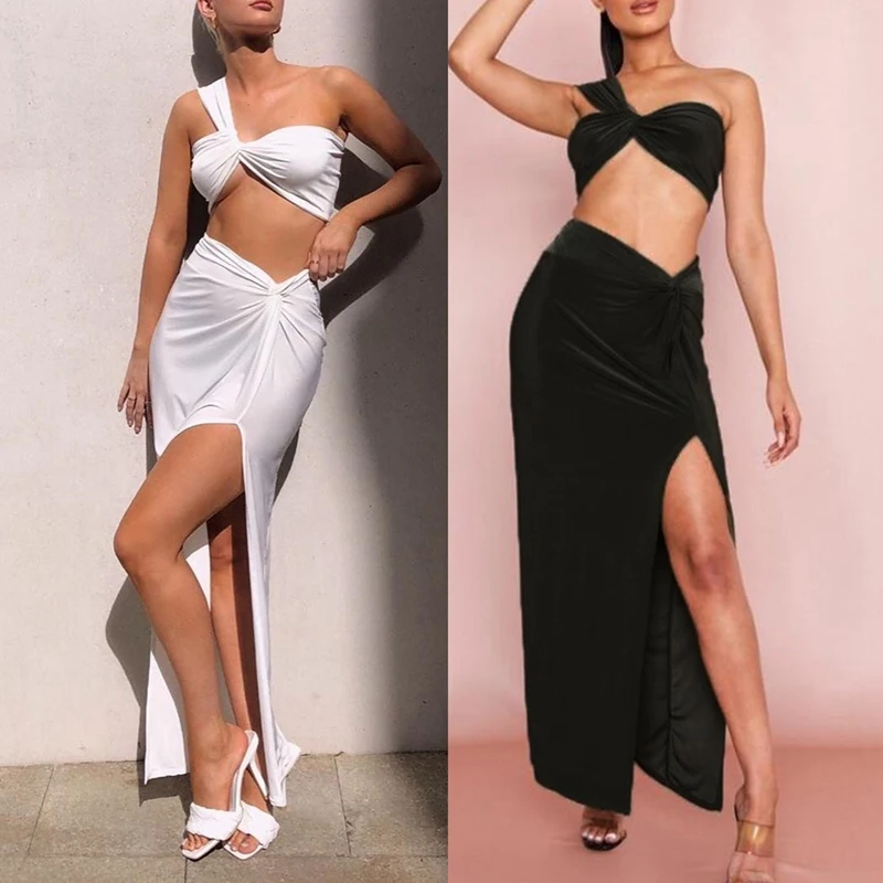 

Sexy Crop Top Side Split Long Skirts Women Twist One Shoulder 2 Piece Sets Summer Party Clothes