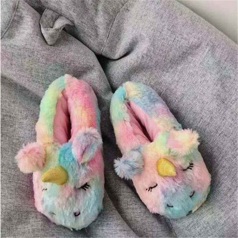 Тапки женские зимние хлопковые с мультяшным единорогом плюшевые сланцы