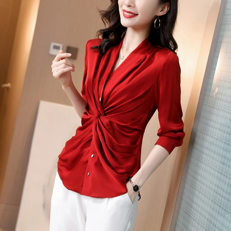 

89.5% Silk 9.5% Spandex Women's Shirt Sexy V Neck Long Sleeves Ruched Twisted Fashion Blouse Tops