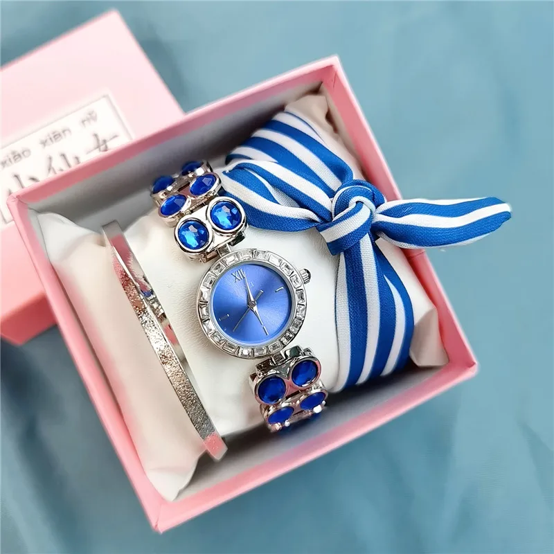 

Minimal Jewelry Buckle Blue Purple Silver Women's Watch Bracelet Set Creative Diamond Strap Fashion Luxury Women's Watch