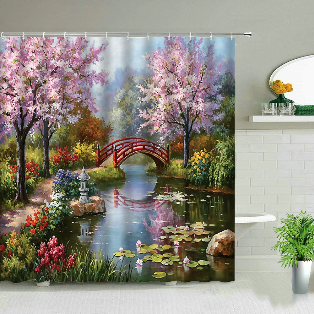 

Flower Butterfly Tree Landscape Shower Curtains Dandelion Rose Sunflower Tulip Scenery Waterproof Bathroom Curtain Set With Hook