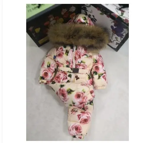 

High quality girls thicken 90% White duck down jumpsuits children real fur collar down overall kids Russian winter jumpsuit 1822
