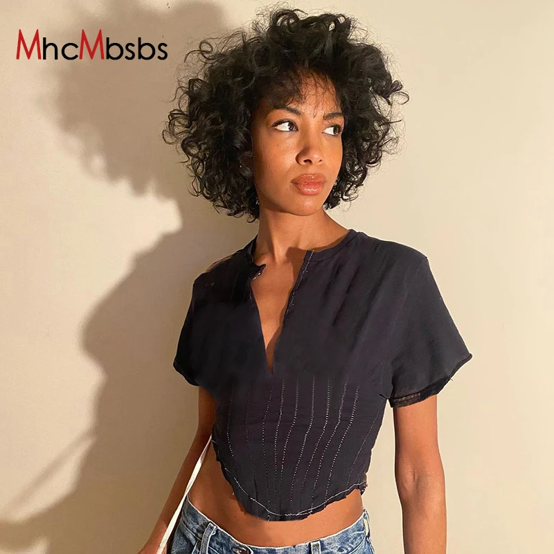 

Кроп-топ женский с V-образным вырезом и коротким рукавом