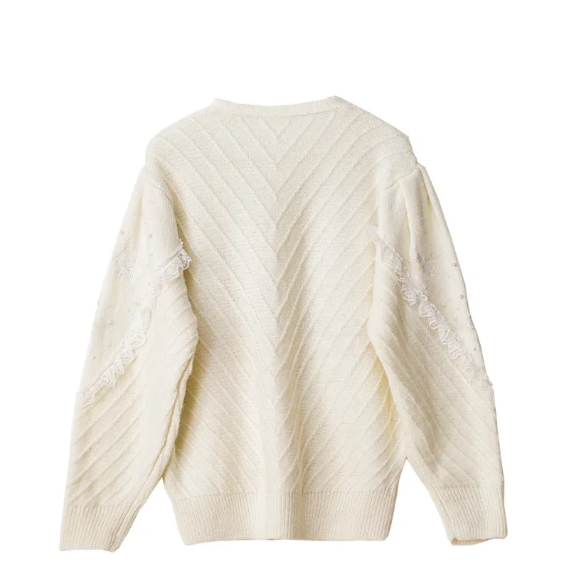 

Vintage Winter Fashion Sweater Women Beading Lace Patchwork Jumpers High Quality Coats Rose Embroidery Female Knitted Cardigans