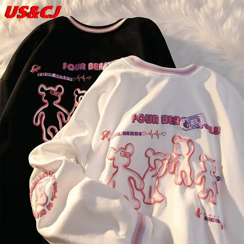 

Spring 2021 Autumn New Harajuku Preppy O-Neck Loose Long-Sleeved Pullover Fashion Cartoon Bear Printing Sweatshirt Couples Dress