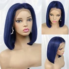 Темно-синий парик из человеческих волос, прямой парик с T-образной частью, парики из человеческих волос, цветные Голубые короткие парики боб для женщин, предварительно выщипанный парик для 250%