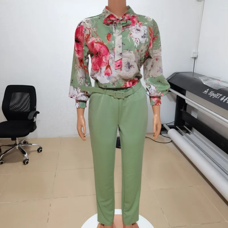 

2 Piece Set African Clothes Women 4XL Size Lantern Sleeve Shirt Tops Outfits Fashion Floral Print African Office Lady Pant Suits