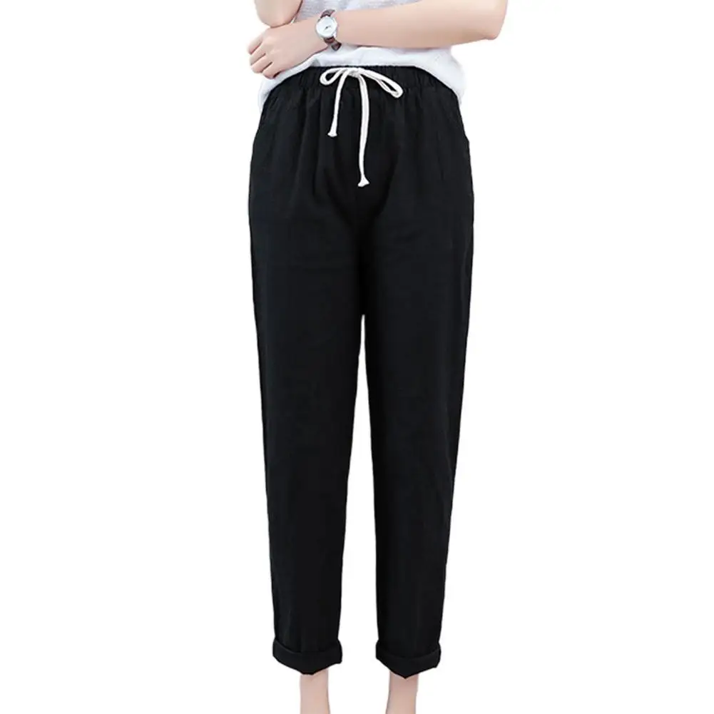 

Women Casual Solid Color Waist Drawstring Elastic Waistband Cotton Pencil Pants