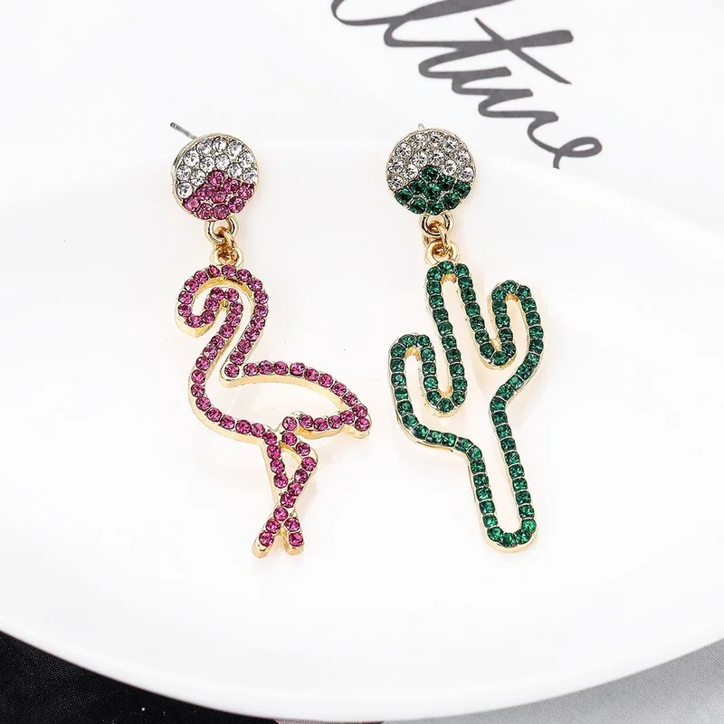 

The New Color Diamond Earrings Pierced Ins Wild Flamingos Cactus Full