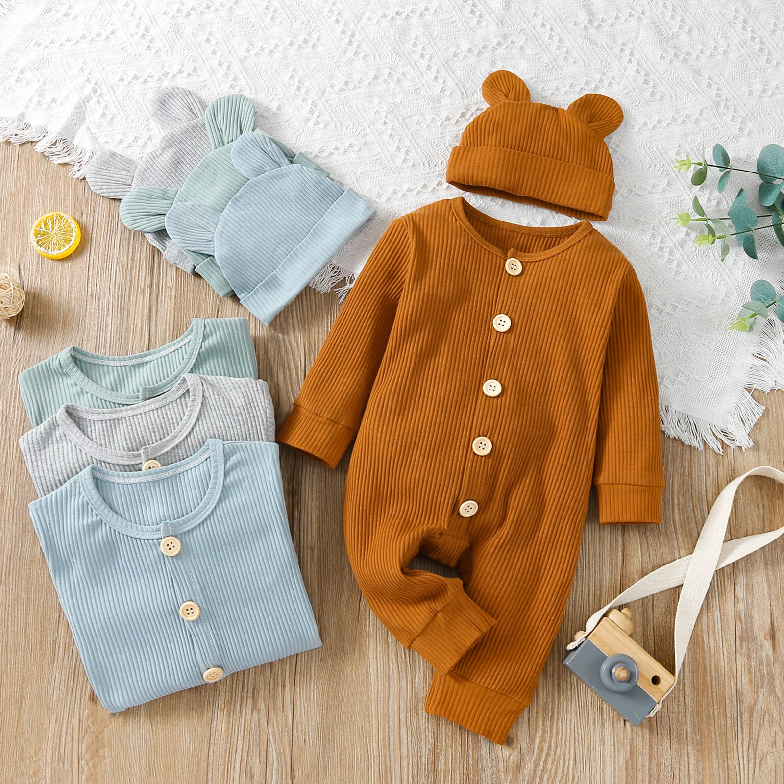 

Baby Romper with Hat Kids Solid Color O-Neck Long Sleeve Ribbed Jumpsuit Cap for Spring Fall 0-24 Months