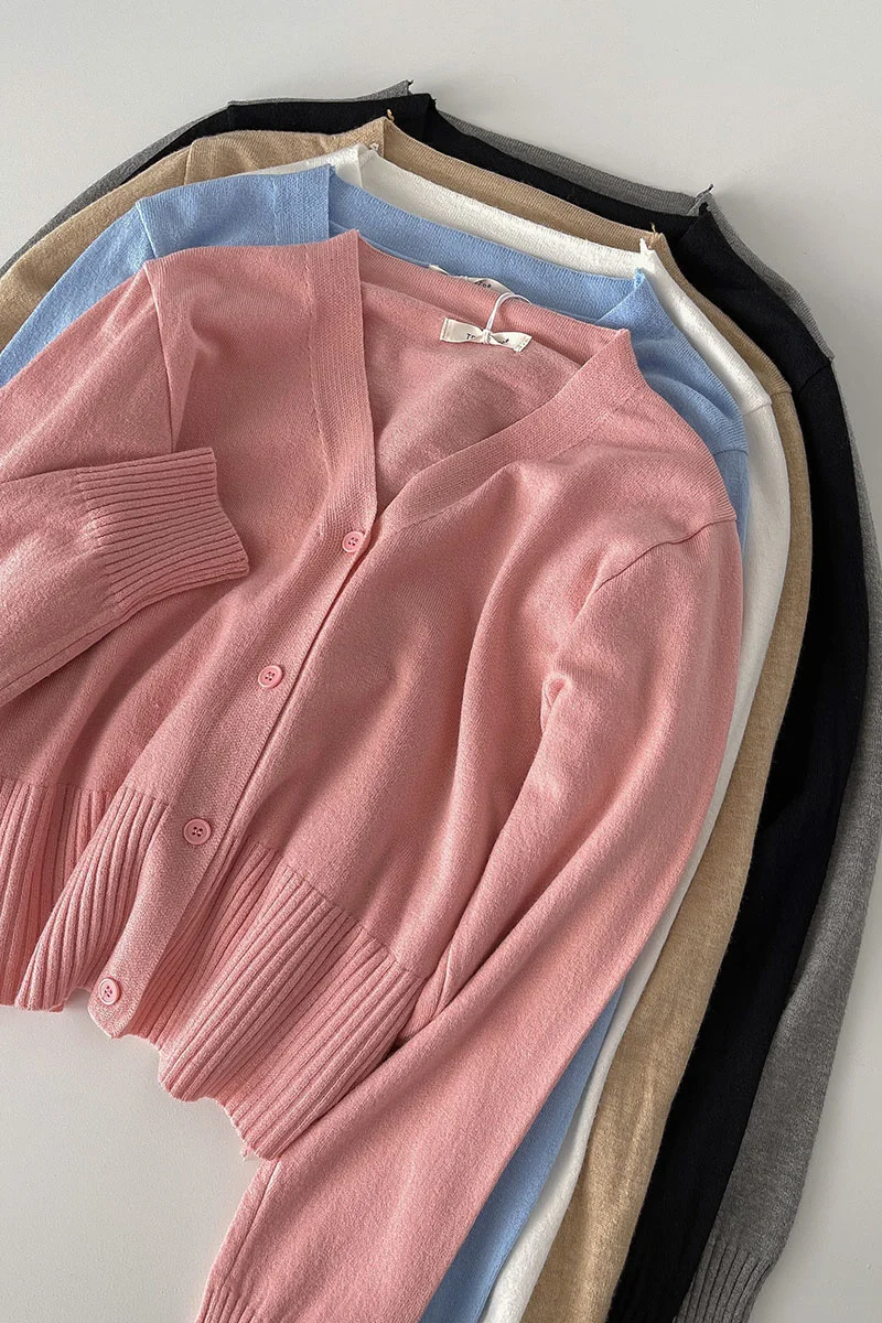 

V Neck Button Up Knitted Cardigan Women Long Sleeve Knit Top Pink Short Autumn Sweater Coat Tops