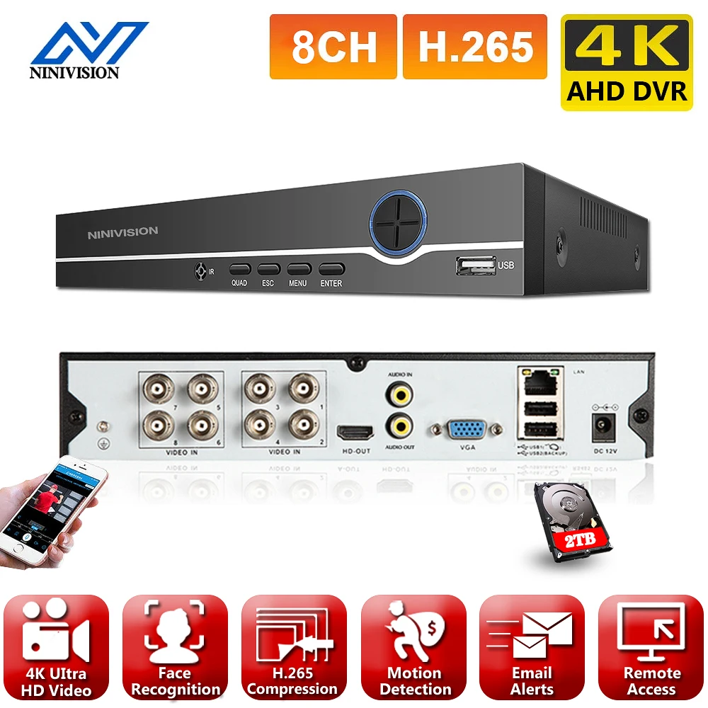 NINIVISION 8CH 4K AHD DVR AI H.265 Гибридный 8-мегапиксельный цифровой видеорегистратор NVR для