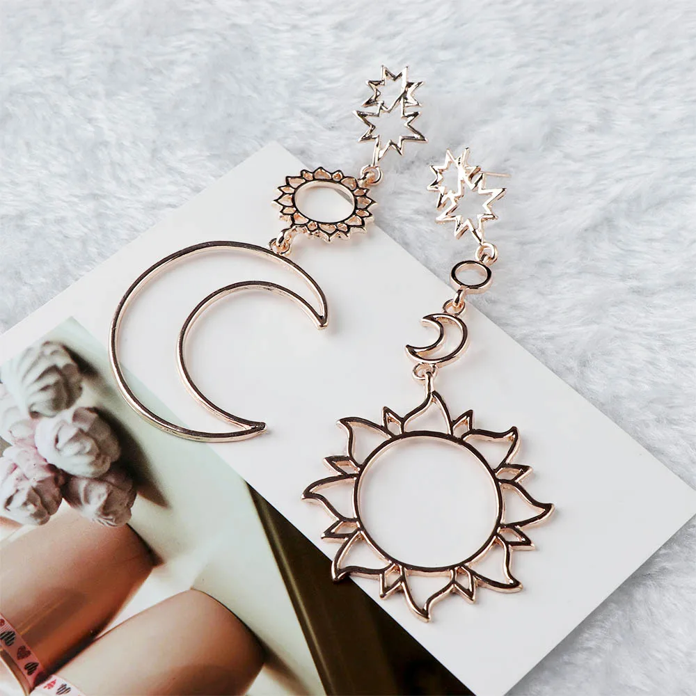 Fashion Retro Dangle Long Earrings Hollow Out Star Moon Sun Asymmetry Geometric Drop Charm Jewelry | Украшения и аксессуары